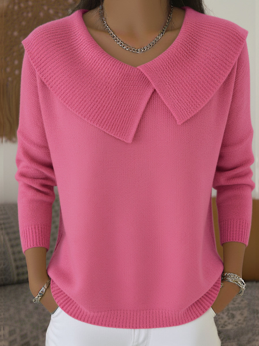 Pull femme à grand col rabattu asymétrique en maille côtelée – Lucie - Rose