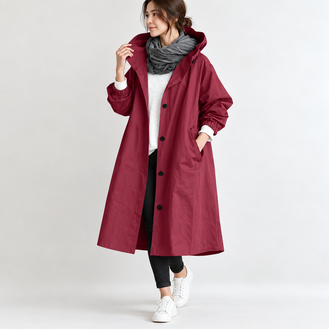 Trench long femme à capuche coupe ample et évasée – Héloïse - Rouge