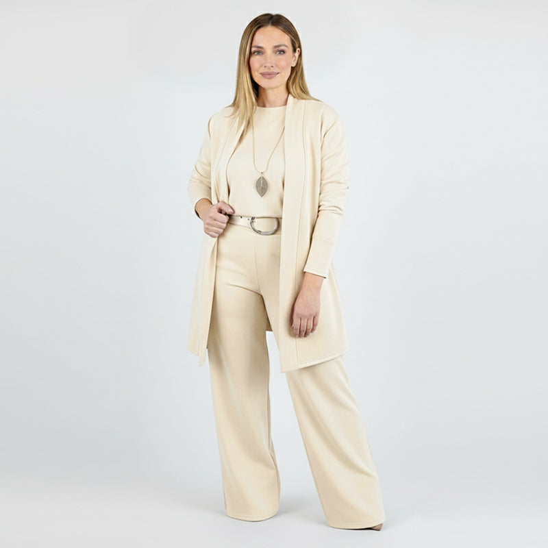 Ensemble 3 pièces femme gilet long, haut et pantalon à ceinture – Héloïse - Beige