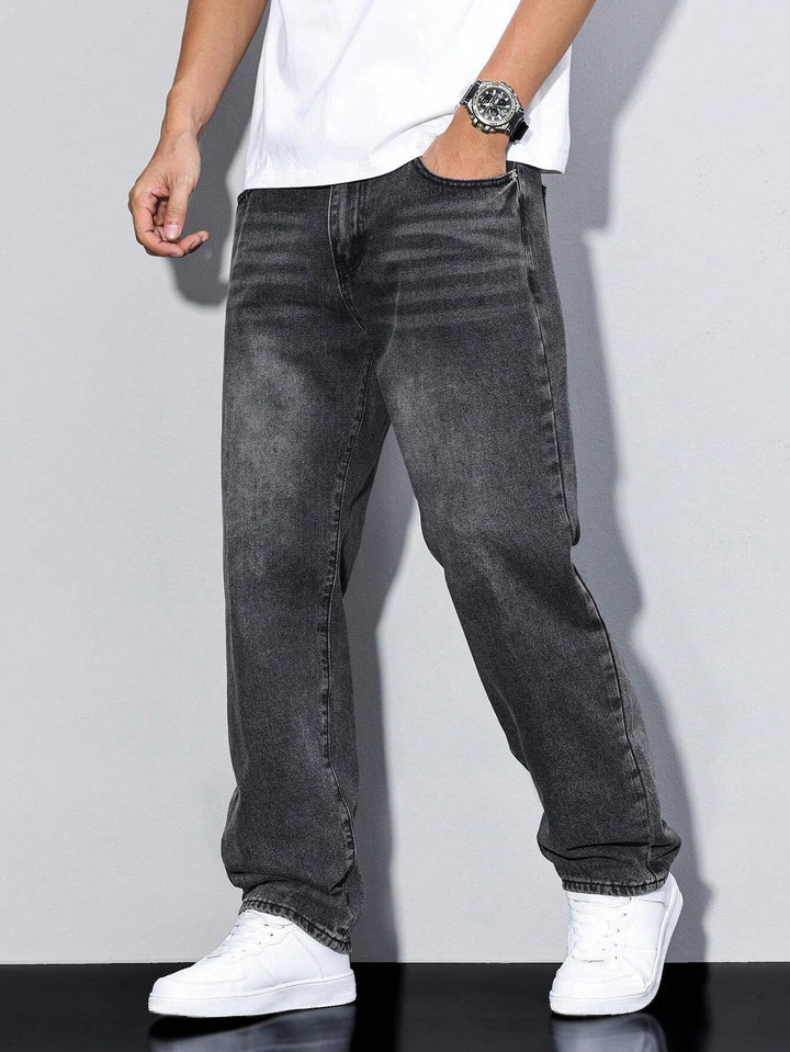 Jean homme coupe droite ample en denim délavé – Maxime - Gris anthracite