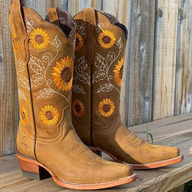 Bottes cowboy femme en cuir brodées tournesols – Elisabeth – vue 1