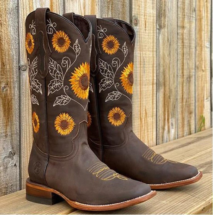 Bottes cowboy femme en cuir brodées tournesols – Elisabeth – Marron foncé