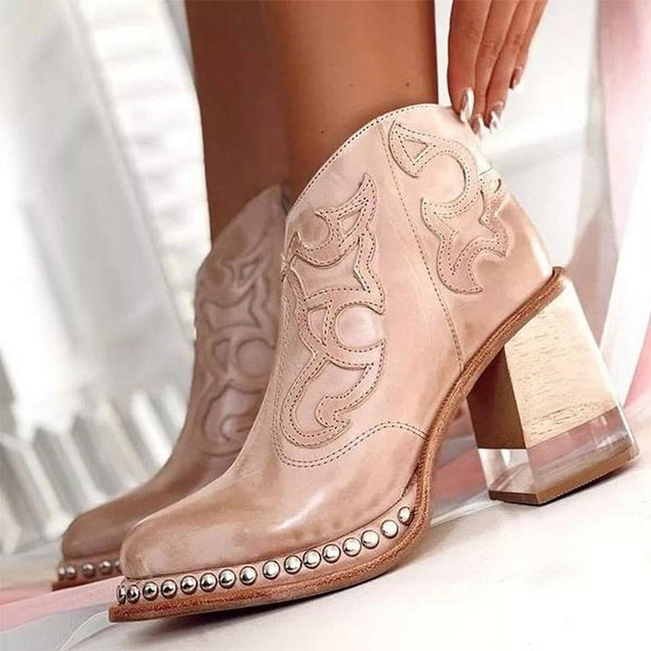 Bottines western femme à talon bloc en similicuir – Johanna – Rose dune