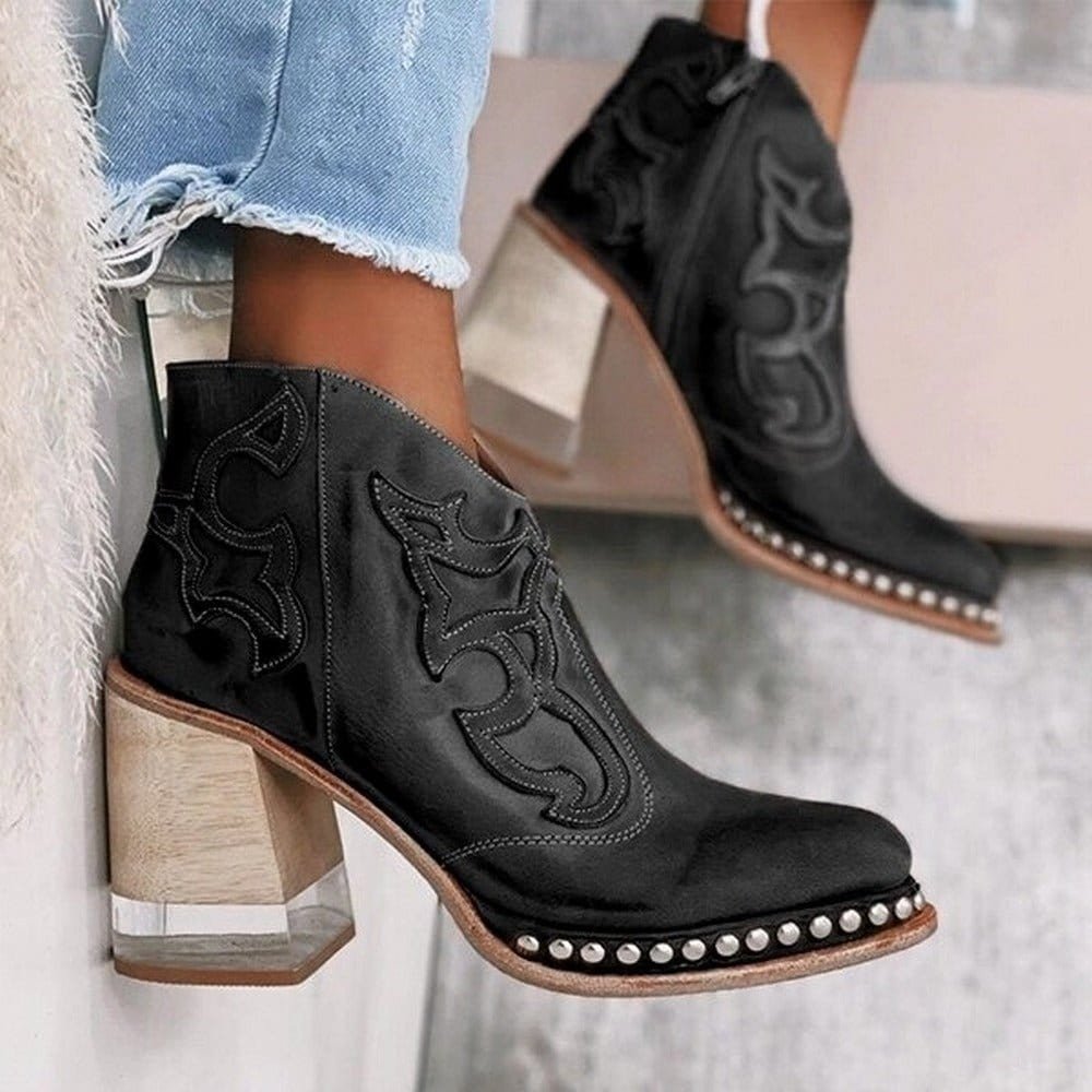 Bottines western femme à talon bloc en similicuir – Johanna – Noir Santa Fe