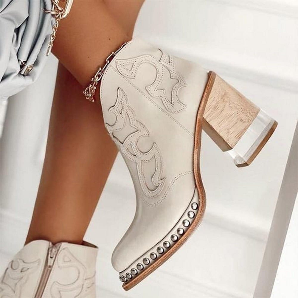 Bottines western femme à talon bloc en similicuir – Johanna – Blanc Vegas