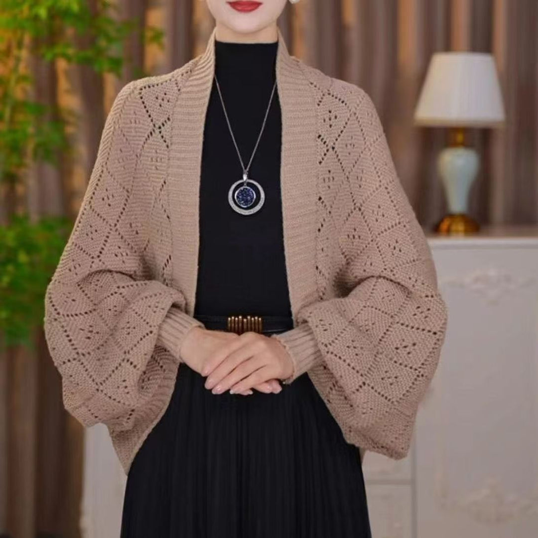 Gilet châle femme en maille ajourée à manches longues – Colette - Kaki