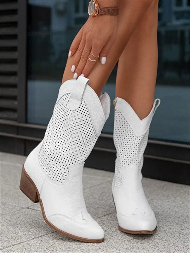 Bottes western femme à zip latéral et talon bloc – Taren – Blanc