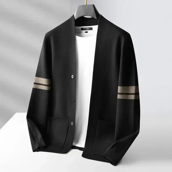 Cardigan boutonné homme en laine mérinos à rayures – Léon – Noir