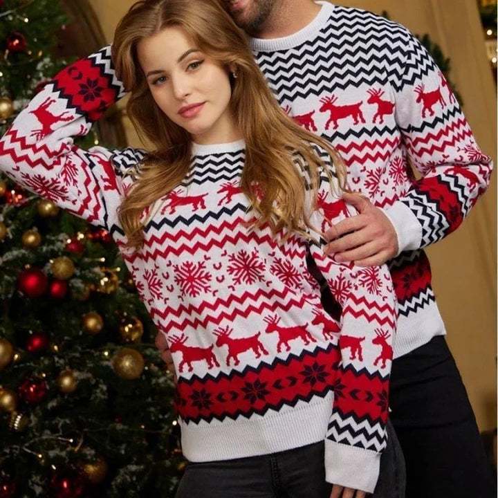 Pull de Noël femme en maille jacquard à motifs rennes et flocons – Holly - Blanc