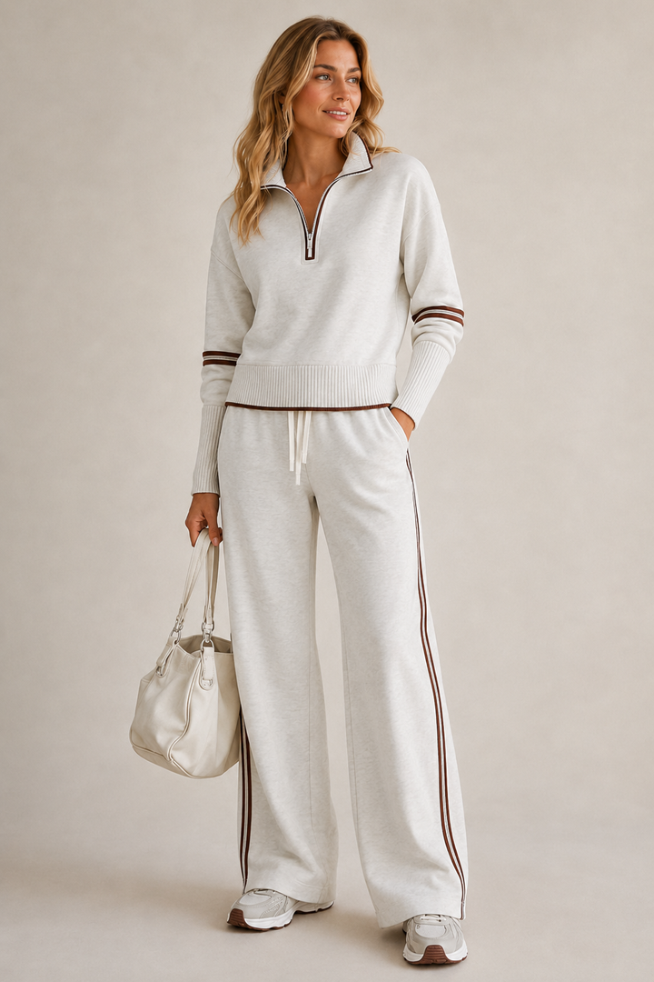 Ensemble femme pull col zippé et pantalon large à bandes – Adèle - Blanc