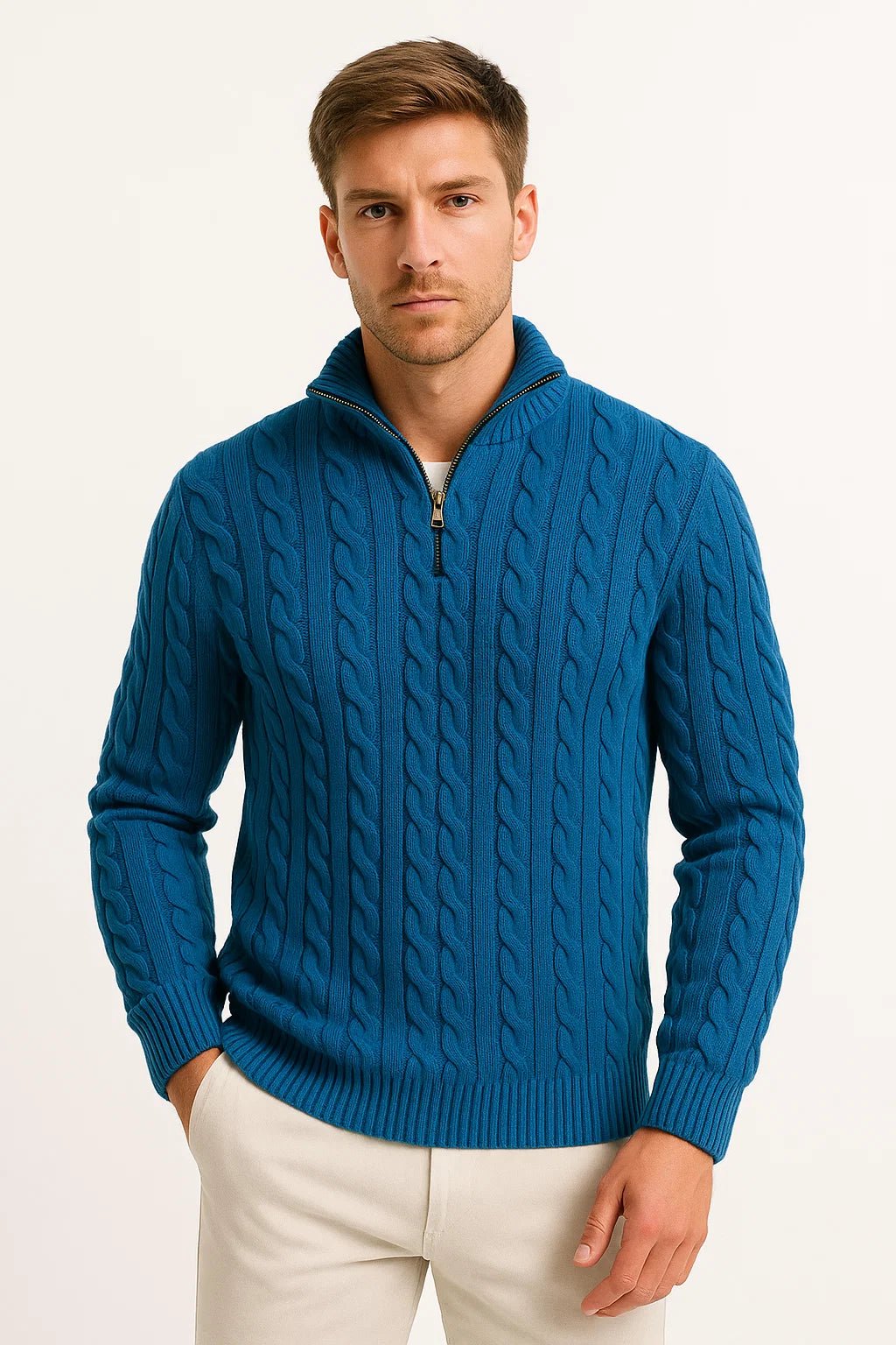 Pull homme classique en maille torsadée à quart de zip – Henrik – Bleu canard
