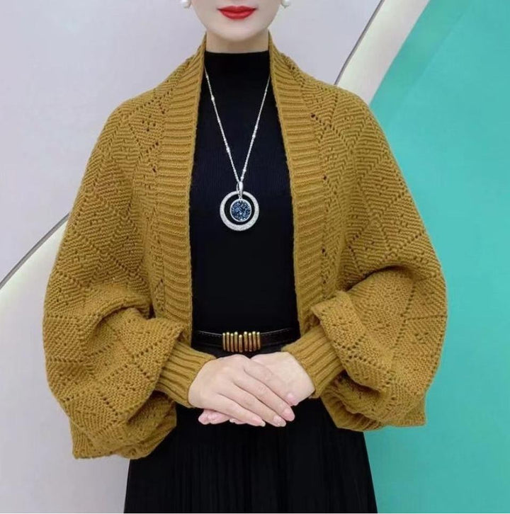 Gilet châle femme en maille ajourée à manches longues – Colette - Jaune