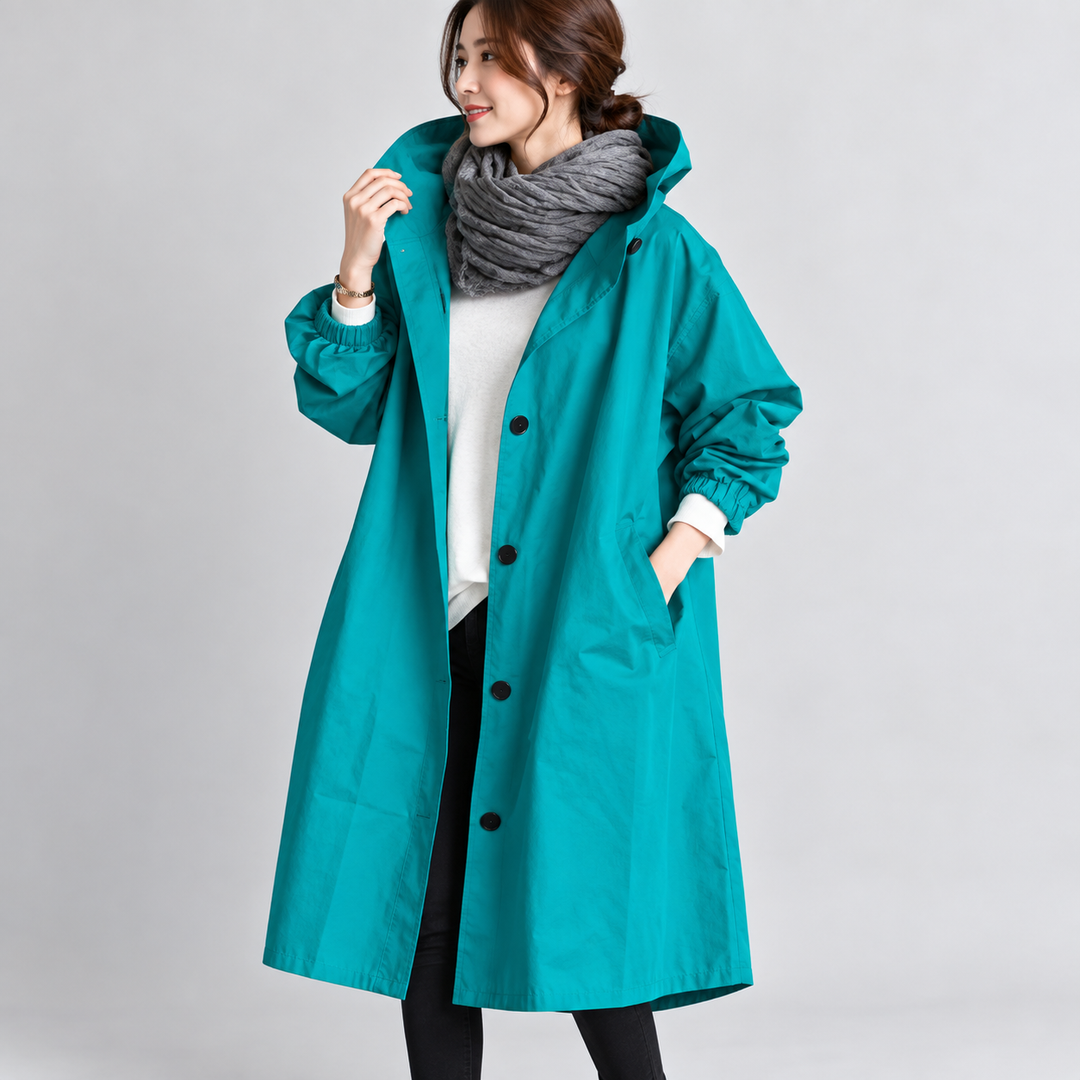 Trench long femme à capuche coupe ample et évasée – Héloïse - Bleu paon