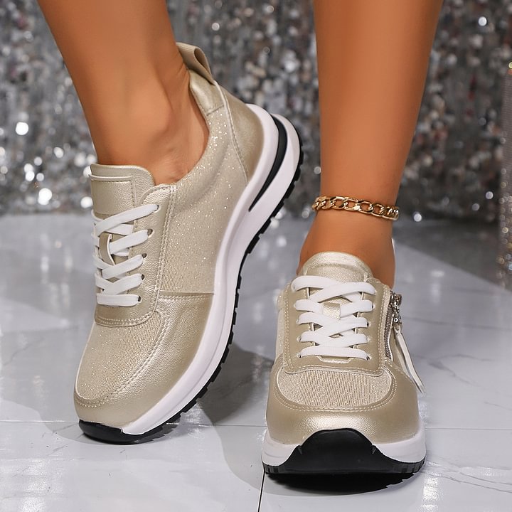 Baskets femme métallisées à lacets et zip latéral semelle confort – Jade - vue 8