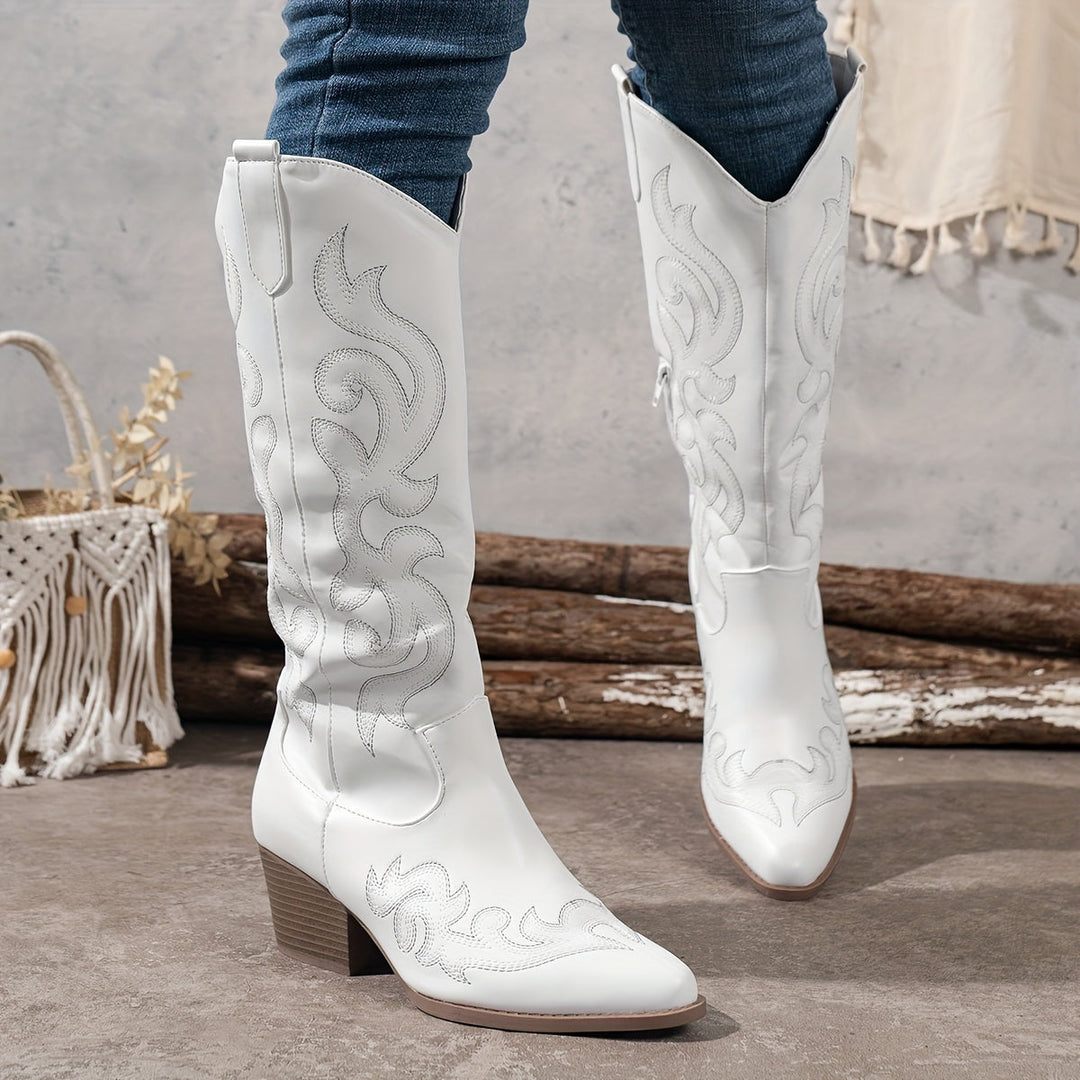 Bottes western femme blanches à tige brodée et talon bloc – Lina – vue 4