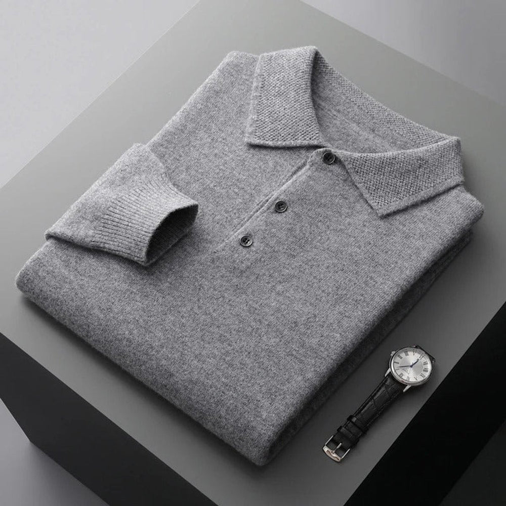 Pull polo homme élégant en maille façon cachemire à boutons – David – Gris