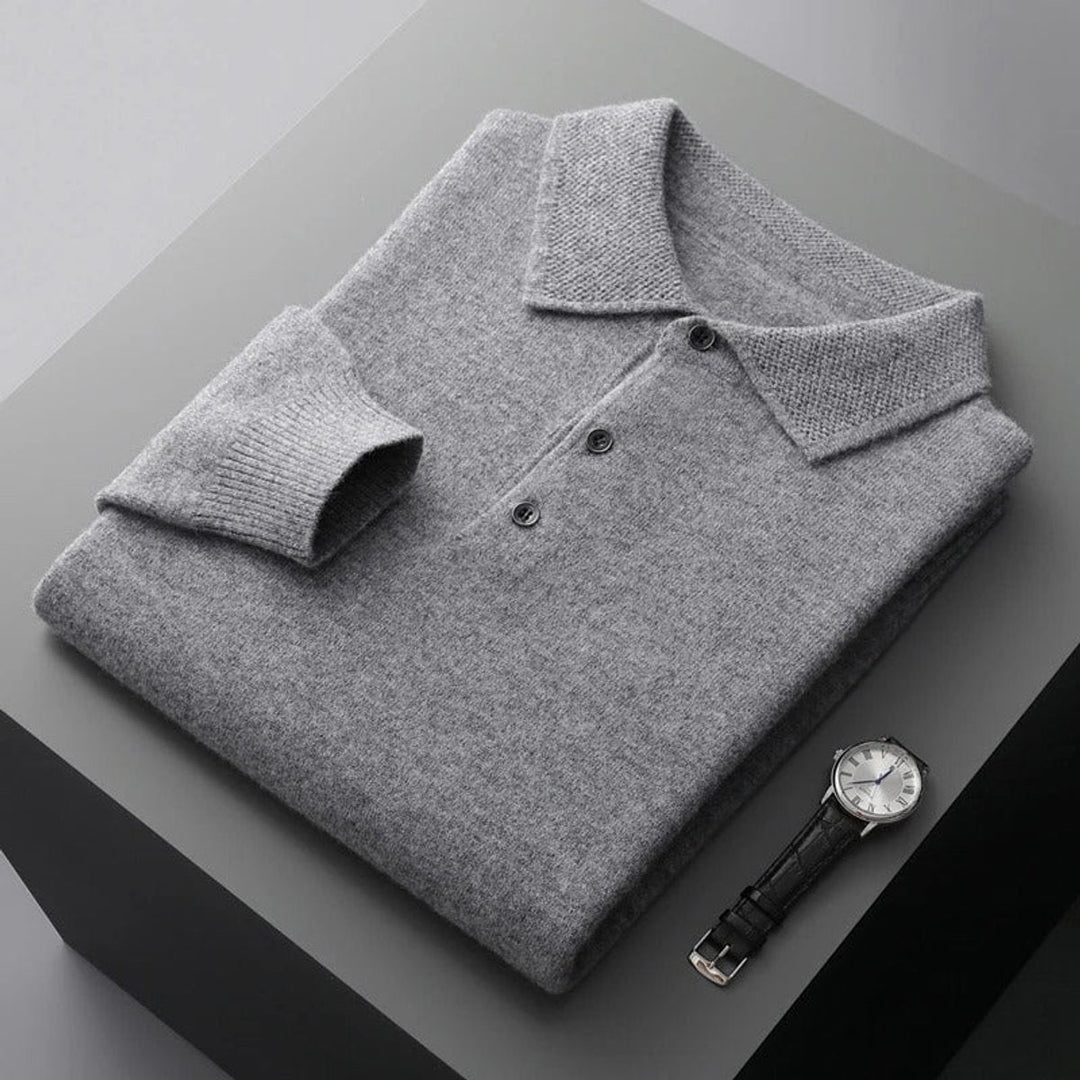 Pull polo homme élégant en maille façon cachemire à boutons – David – Gris