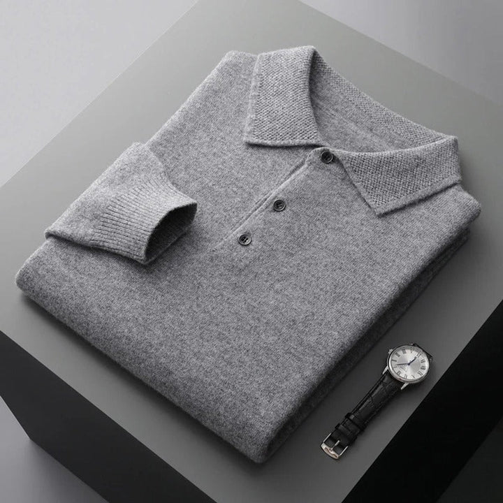 Pull polo homme élégant en maille façon cachemire à boutons – David – Gris