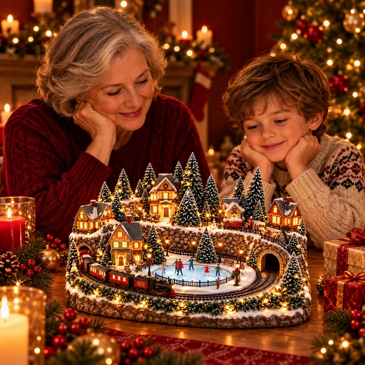 Village de Noël avec train animé et patinoire – Scène d’hiver lumineuse LED avec musique