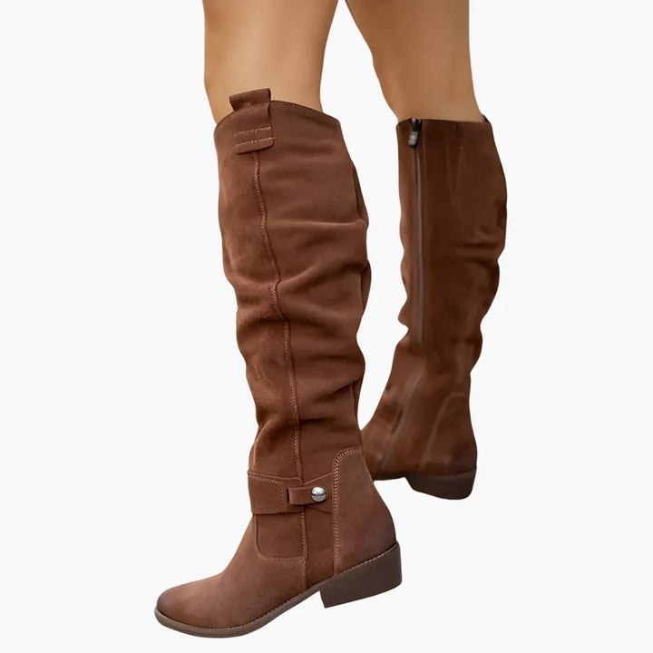Bottes hautes femme à talon bloc et zip latéral – Eylul – Marron foncé
