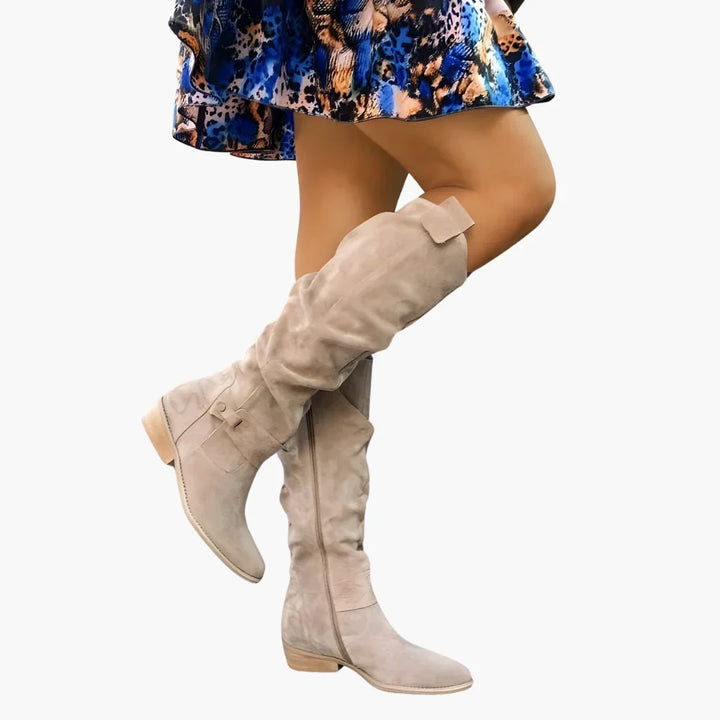 Bottes hautes femme à talon bloc et zip latéral – Eylul – Beige