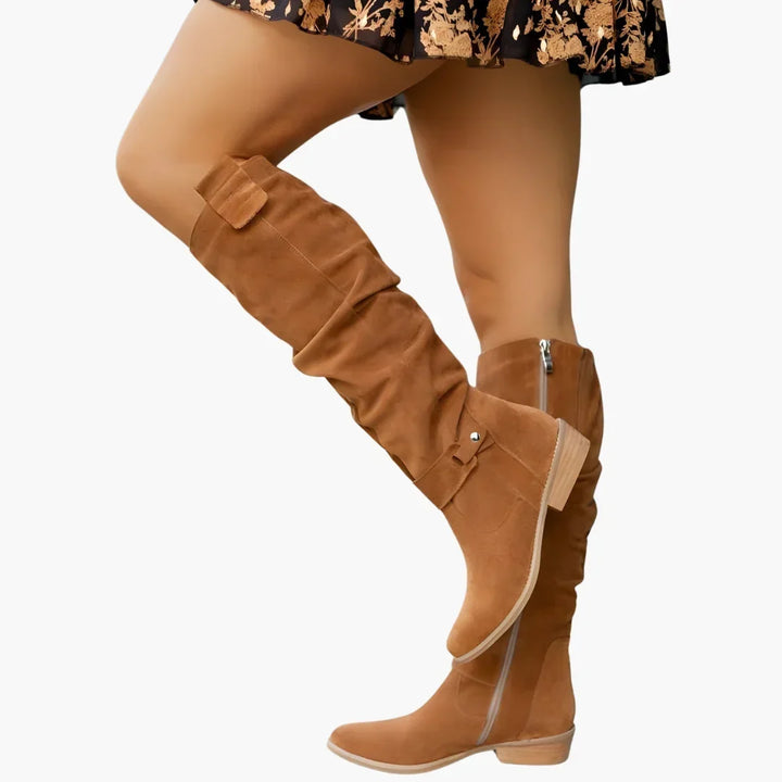 Bottes hautes femme à talon bloc et zip latéral – Eylul – Marron clair