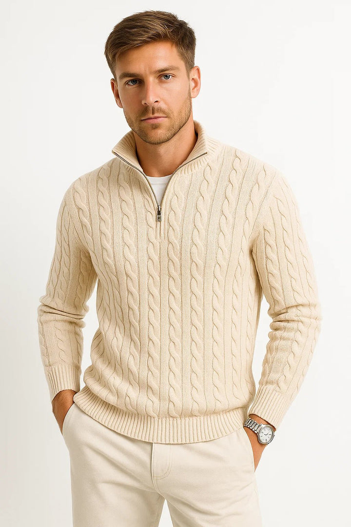 Pull homme classique en maille torsadée à quart de zip – Henrik – Beige