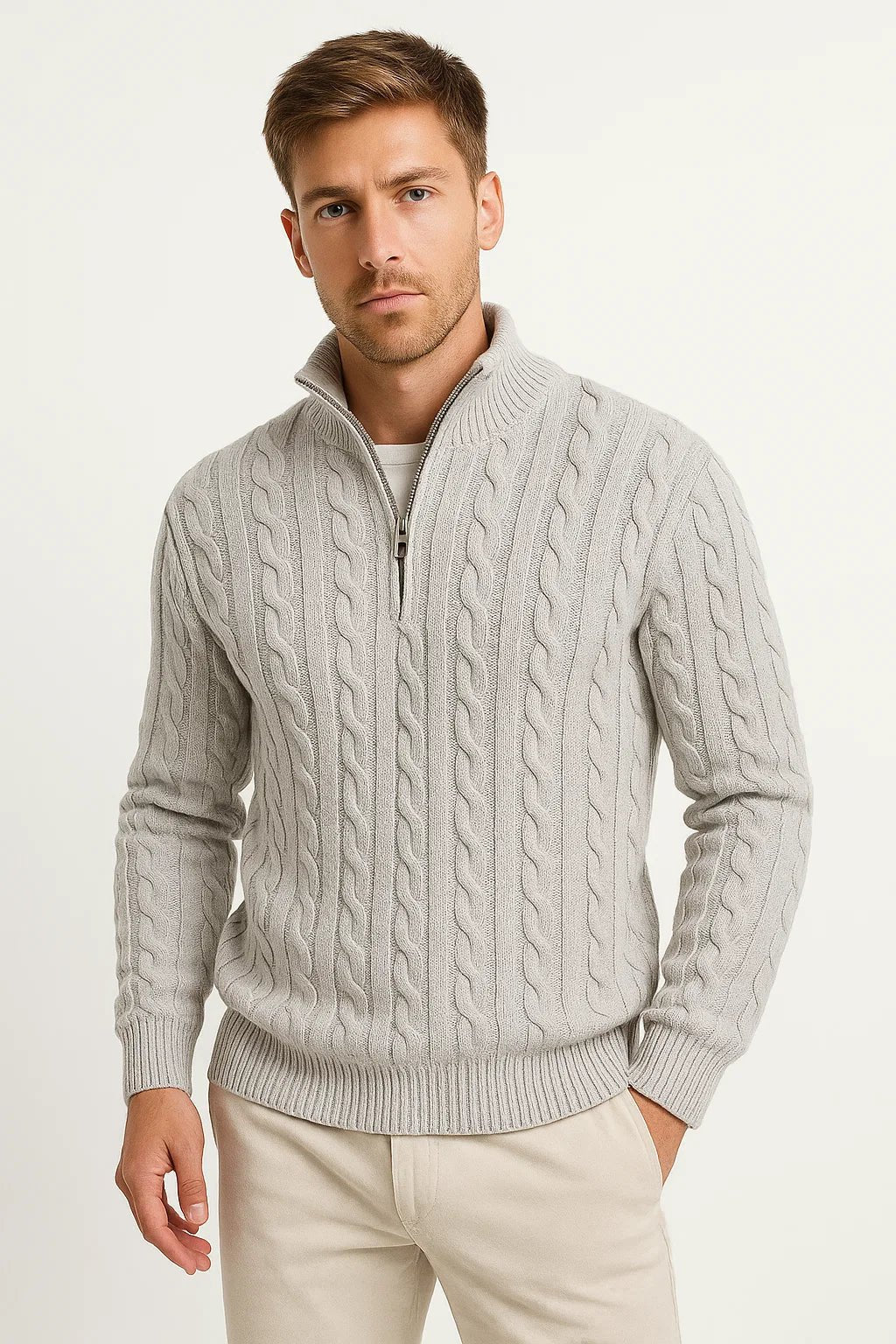 Pull homme classique en maille torsadée à quart de zip – Henrik – Gris clair