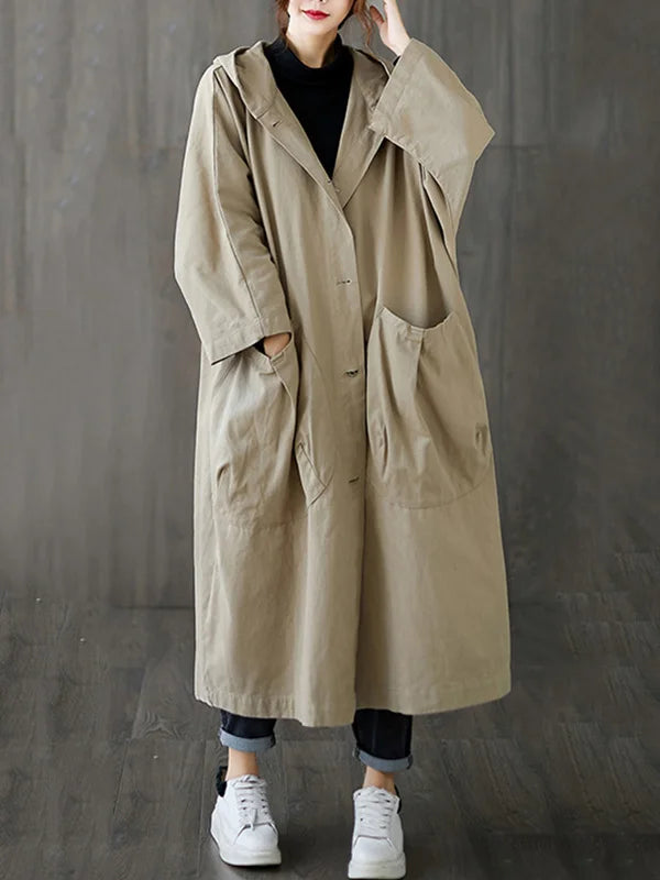 Trench long femme oversize à capuche et grandes poches plaquées – Apolline - Beige