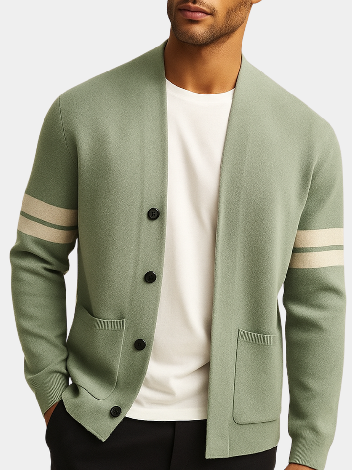Cardigan boutonné homme en laine mérinos à rayures – Léon – vue 1