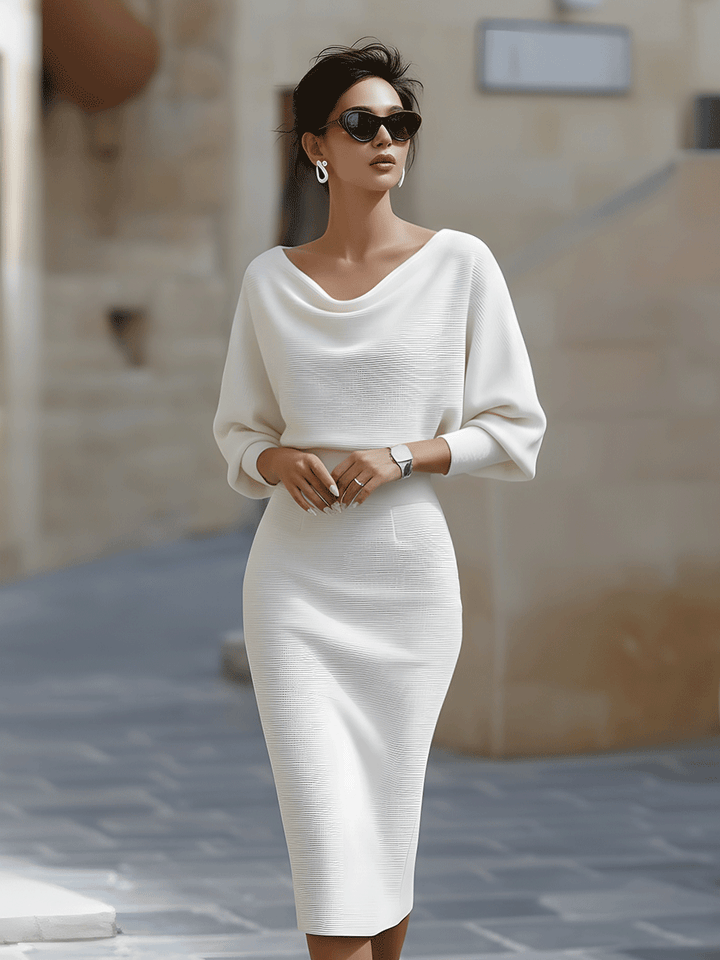Robe midi moulante femme col bateau à manches chauve-souris – Jacqueline – Blanc