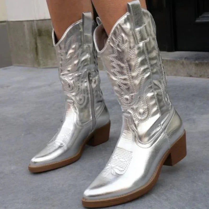 Bottes cowboy femme métallisées élégantes – Carina – Argent