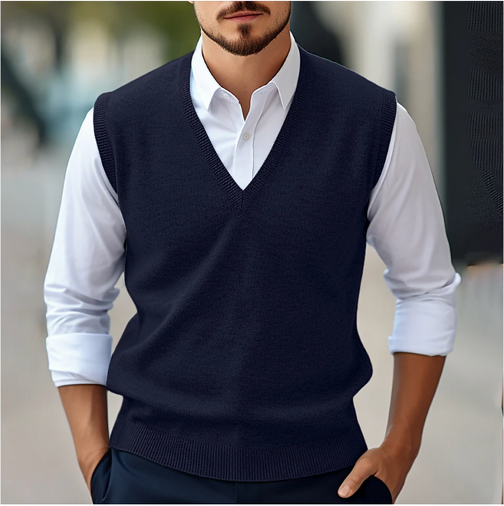 Pull sans manches homme col V classique en maille – Patrick – Bleu