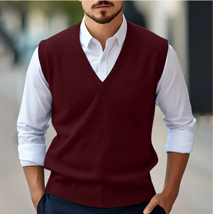Pull sans manches homme col V classique en maille – Patrick – Rouge