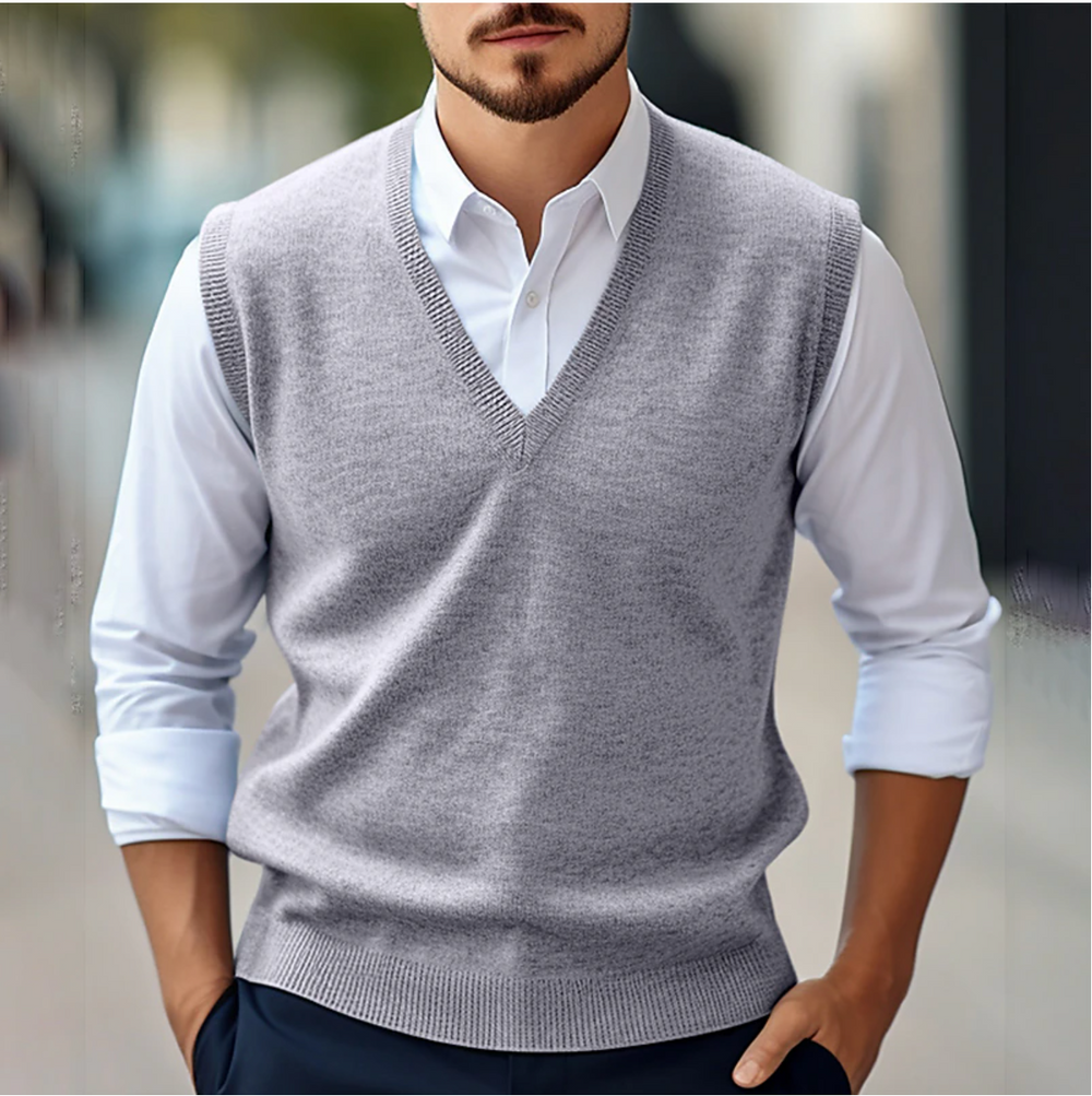 Pull sans manches homme col V classique en maille – Patrick – Gris