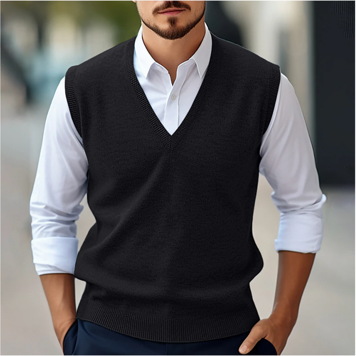 Pull sans manches homme col V classique en maille – Patrick – Noir