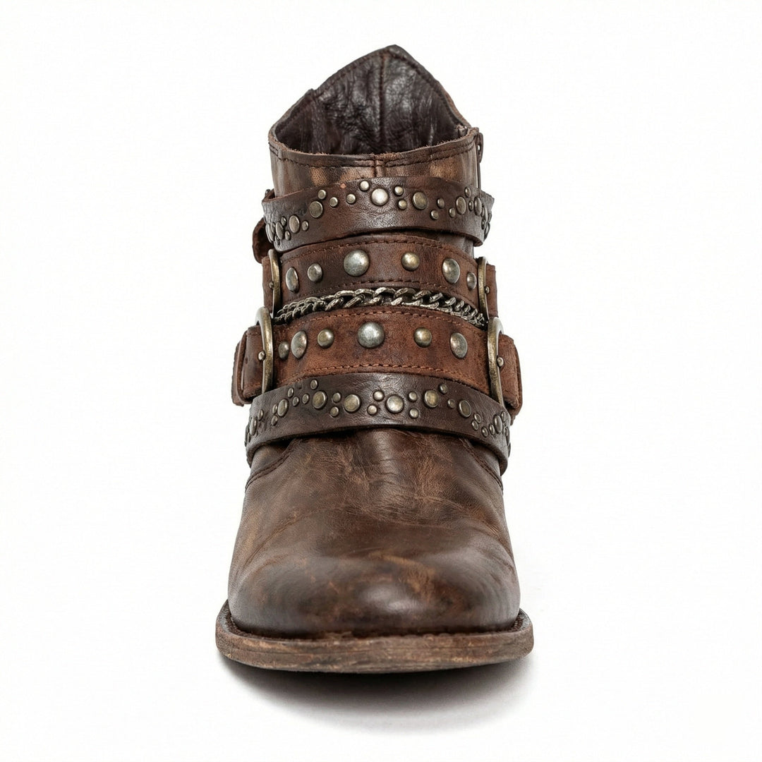 Bottines femme en cuir patiné à brides cloutées – Léonie – vue 2