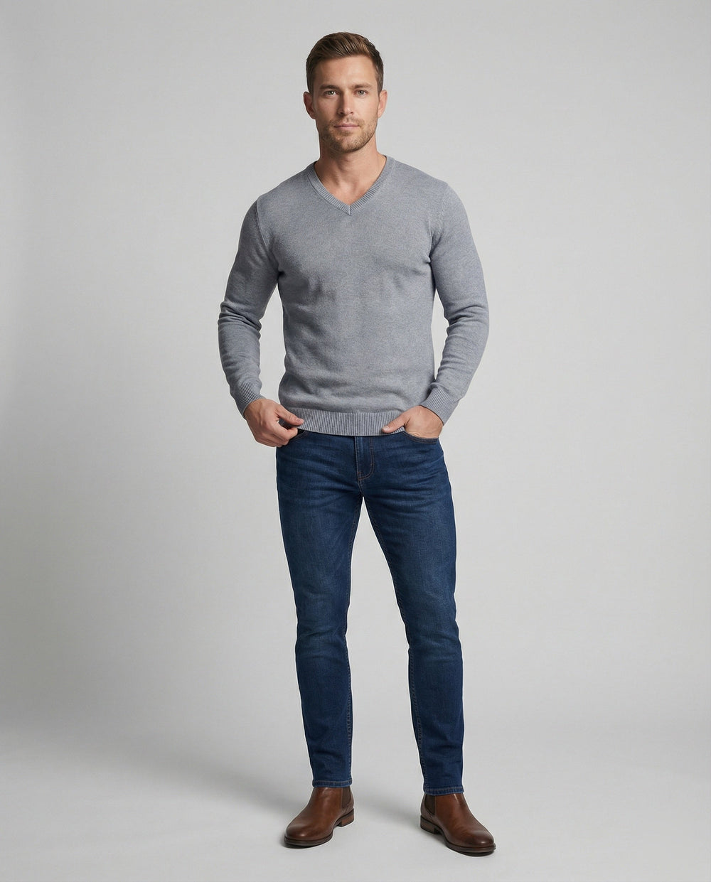 Pull col V homme en maille fine de coton coupe moderne – Sacha – vue 2