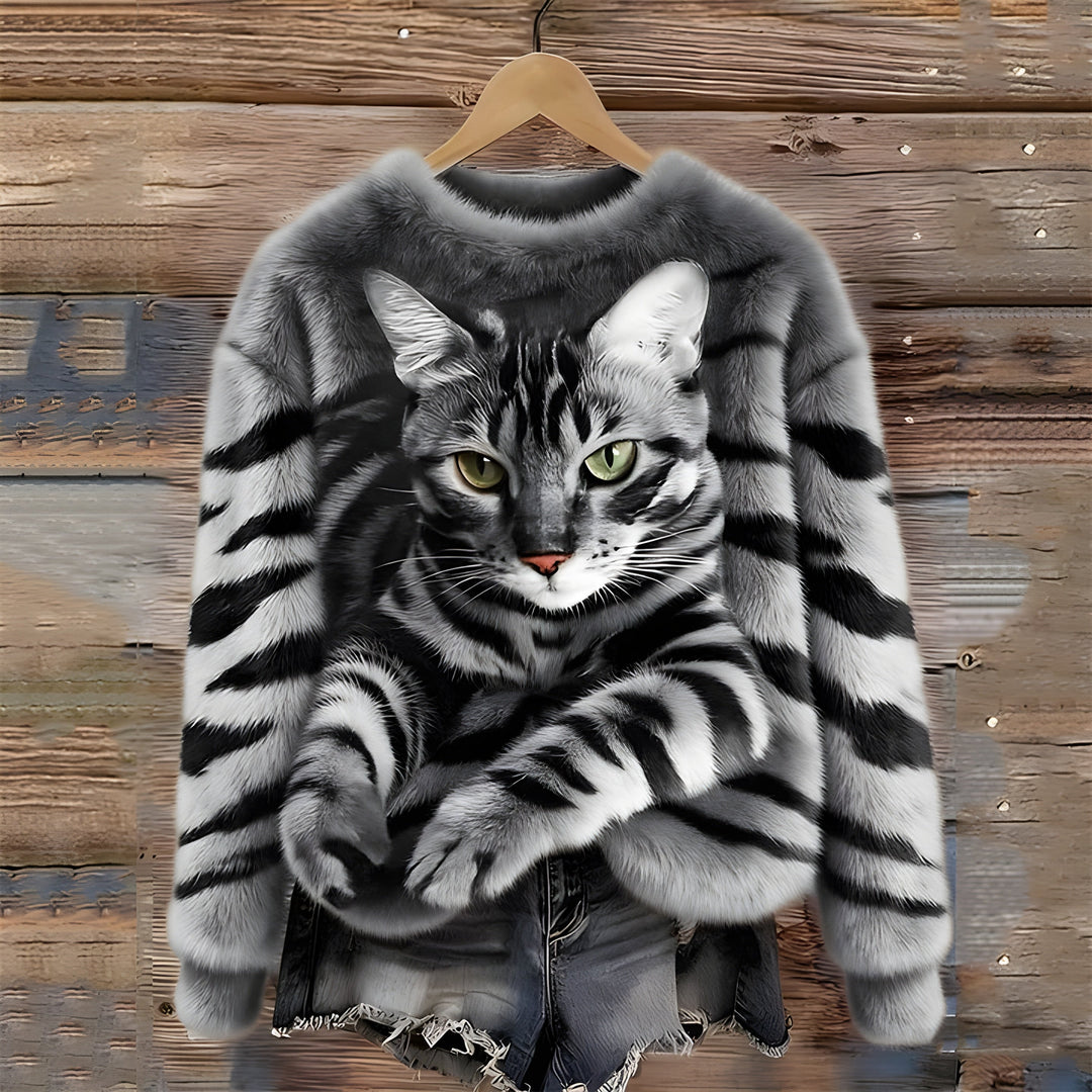 Pull femme en polaire douce à imprimé chat – Zoé - Gris