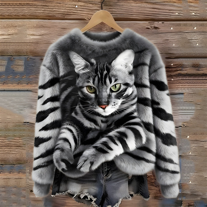 Pull femme en polaire douce à imprimé chat – Zoé - Gris