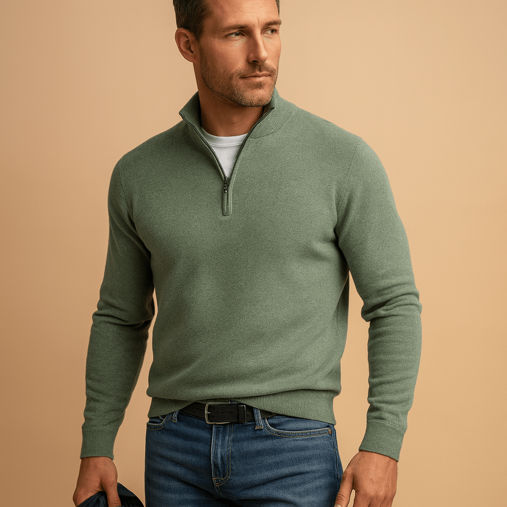 Pull homme en coton à demi-zip coupe décontractée – Clément – Vert