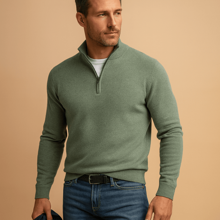 Pull homme en coton à demi-zip coupe décontractée – Clément – Vert