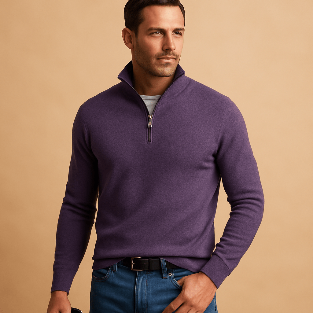 Pull homme en coton à demi-zip coupe décontractée – Clément – Violet foncé