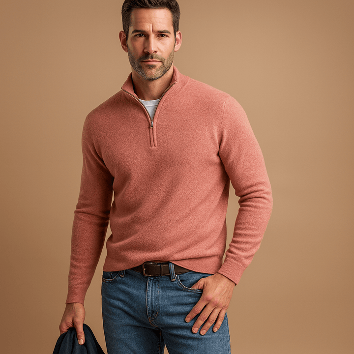 Pull homme en coton à demi-zip coupe décontractée – Clément – Rose