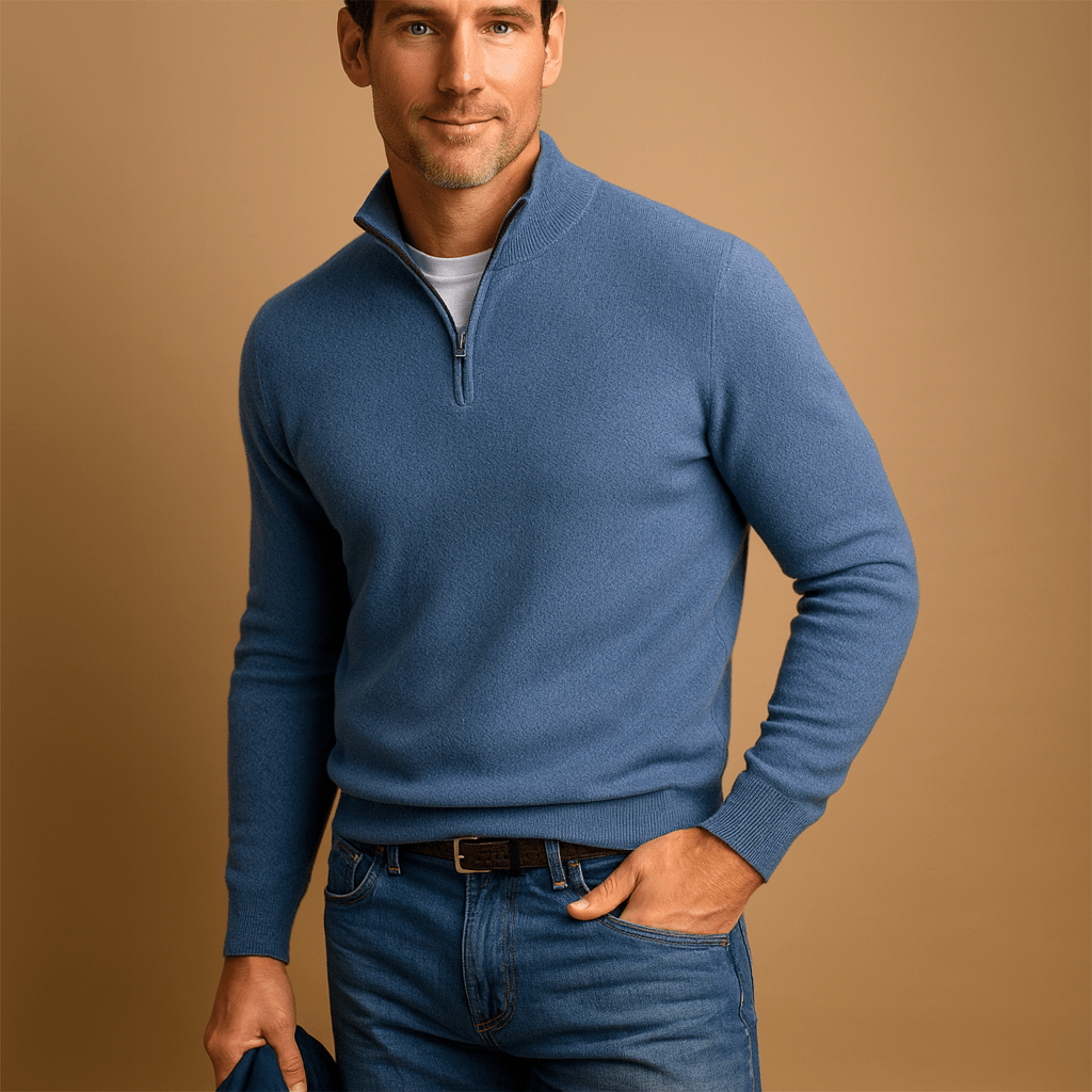 Pull homme en coton à demi-zip coupe décontractée – Clément – Bleu