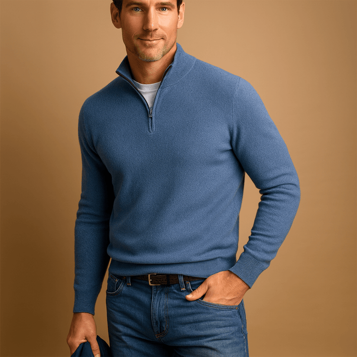 Pull homme en coton à demi-zip coupe décontractée – Clément – Bleu