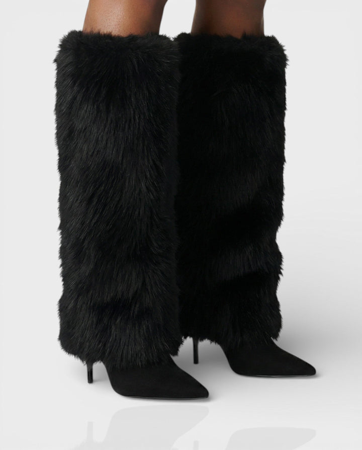 Bottes hautes femme en fausse fourrure à talon aiguille – Bianca – Noir