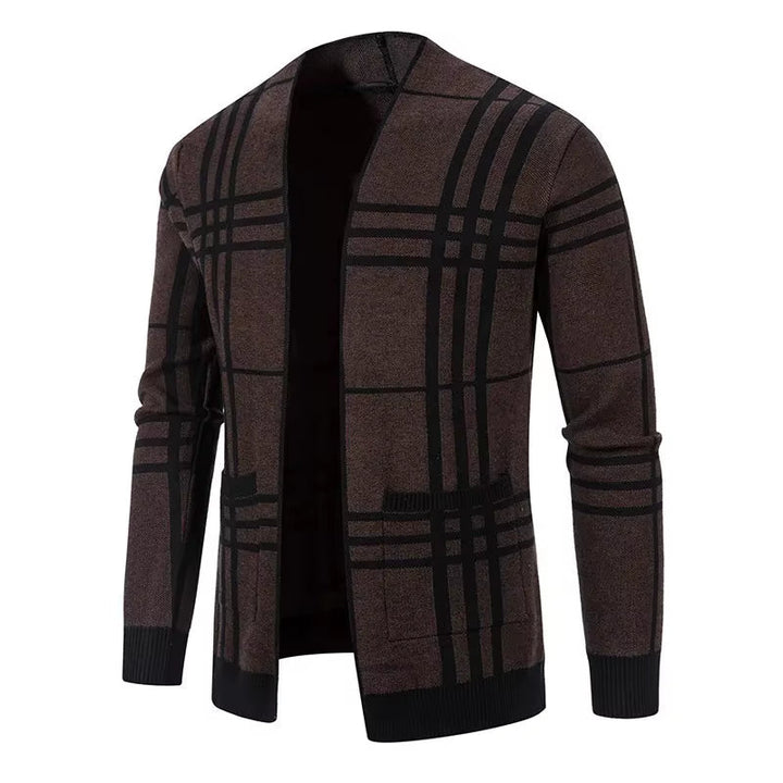 Cardigan homme en maille à carreaux ouvert à poches – Gaspard – Marron