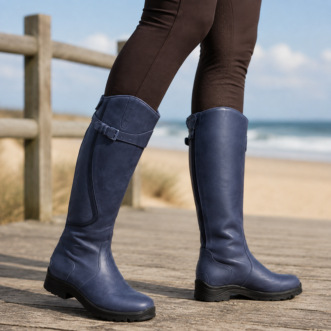 Bottes hautes cavalières femme en cuir à semelle orthopédique – Héloïse – Bleu