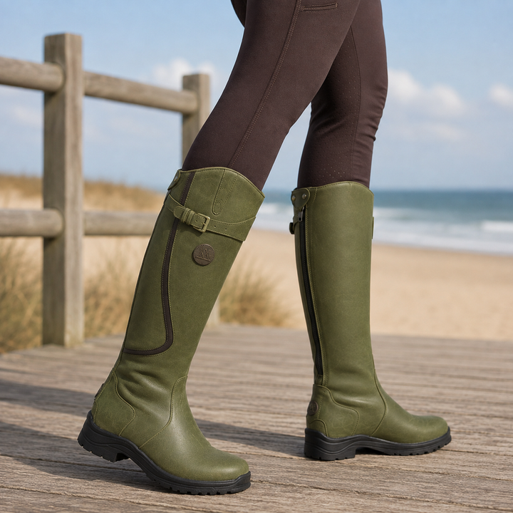 Bottes hautes cavalières femme en cuir à semelle orthopédique – Héloïse – Vert